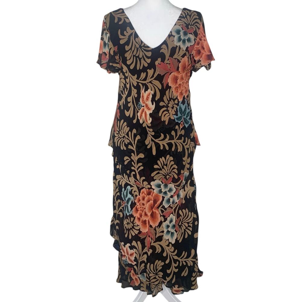Vintage 90s Lola P Dress M Black Rust Floral Beaded Tiered Ruffle Chiffon Midi